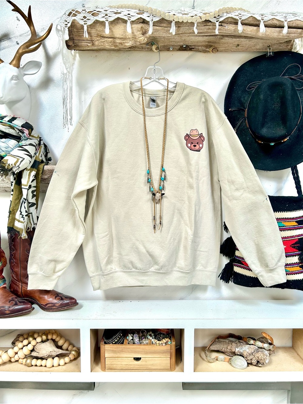 Western TEDDY BEAR Oversized boho sweatshirt southwestern farmhouse country Vibe
